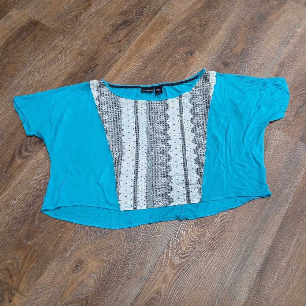 Daytrip Teal Blue Sequin Striped Crop Top Womens Medium Short Sleeve Scoop Neck